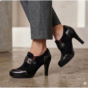 Fabi Suede Leather Buckle Bootie Shootie Wingtip Stitched Heel Black 38.5 (7.5)